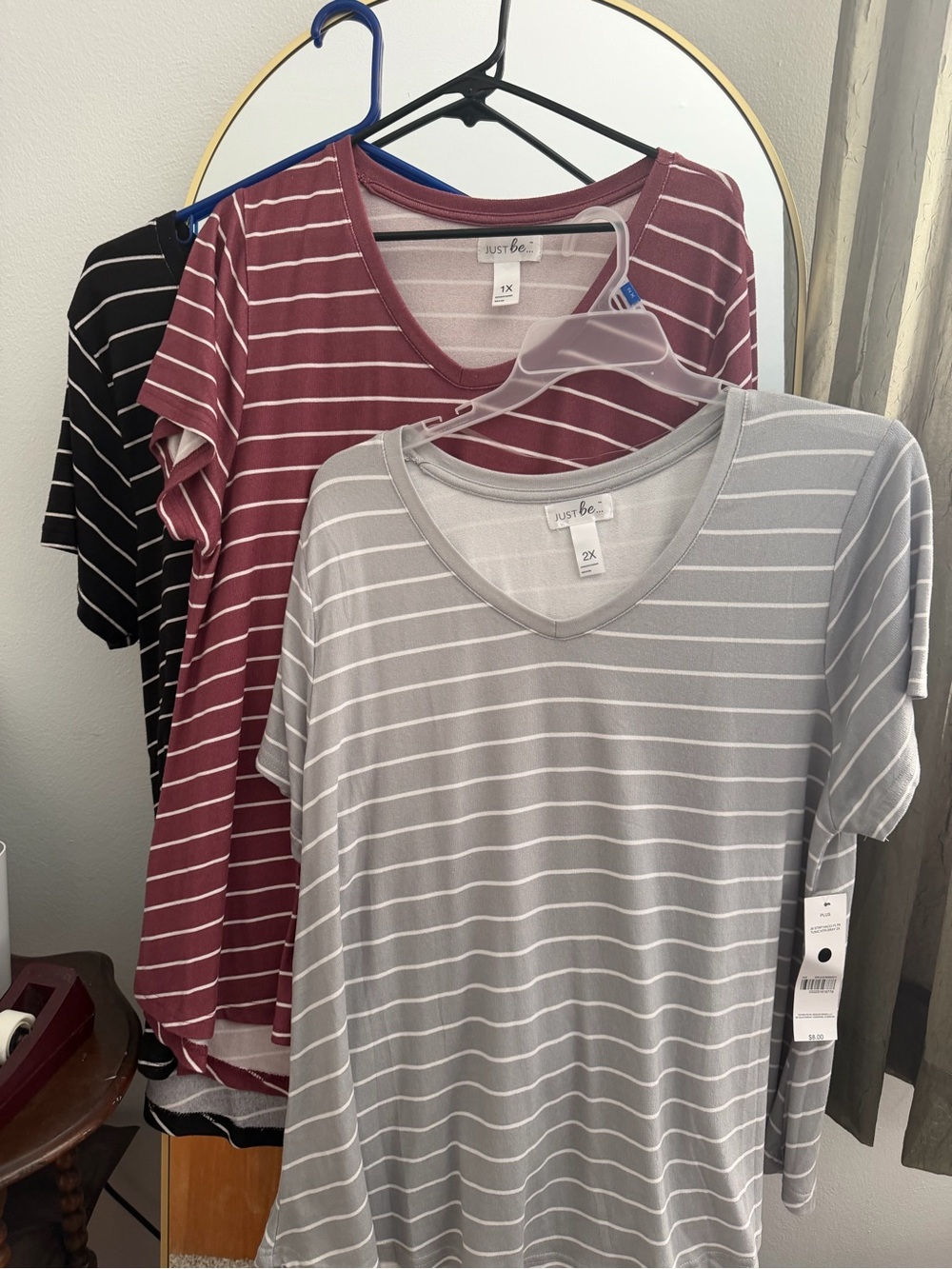 just be Striped V‑Neck Tee Trio in Gray, Maroon, Black